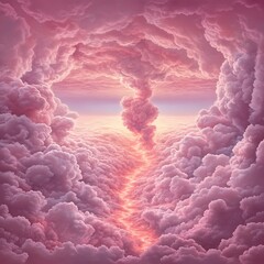 Ethereal Ascent A Pathway Through Cloudscape Into the Heavenly Realm Dreamy Pink Sky and Rising Formations