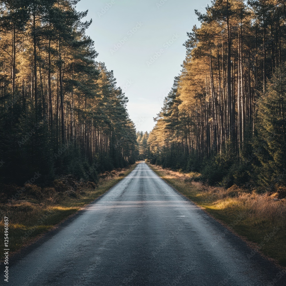 Poster long road leads into a tranquil forest, inviting exploration and adventure in a serene natural setti