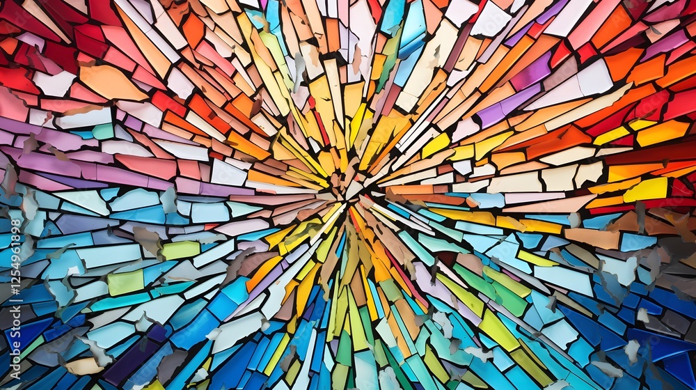 Poster breathtaking image of a majestic stained glass window fracturing into a kaleidoscopic display of col