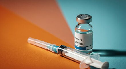COVID-19 vaccine vial and syringe on a colorful background