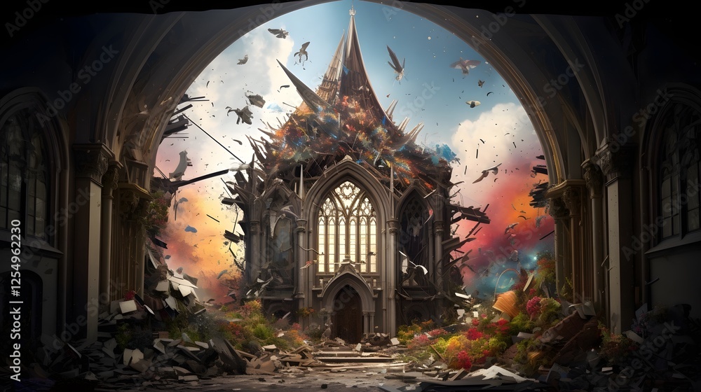 Aufkleber shattered stained glass window scattering into vibrant fractals of color colorful explosion of geome