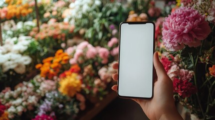 female hand shows blank white smartphone screen at flower shop background, closeup, copy space, mockup