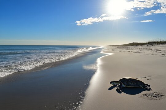 Sea turtle crawling onto sandy beach under bright sun and clear blue sky