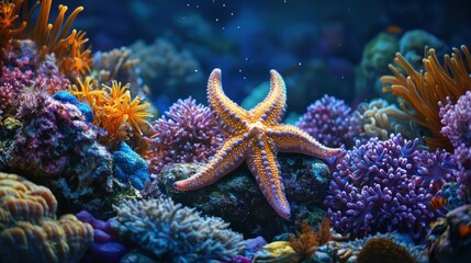 Starfish highlighting water vascular system in vibrant coral reef