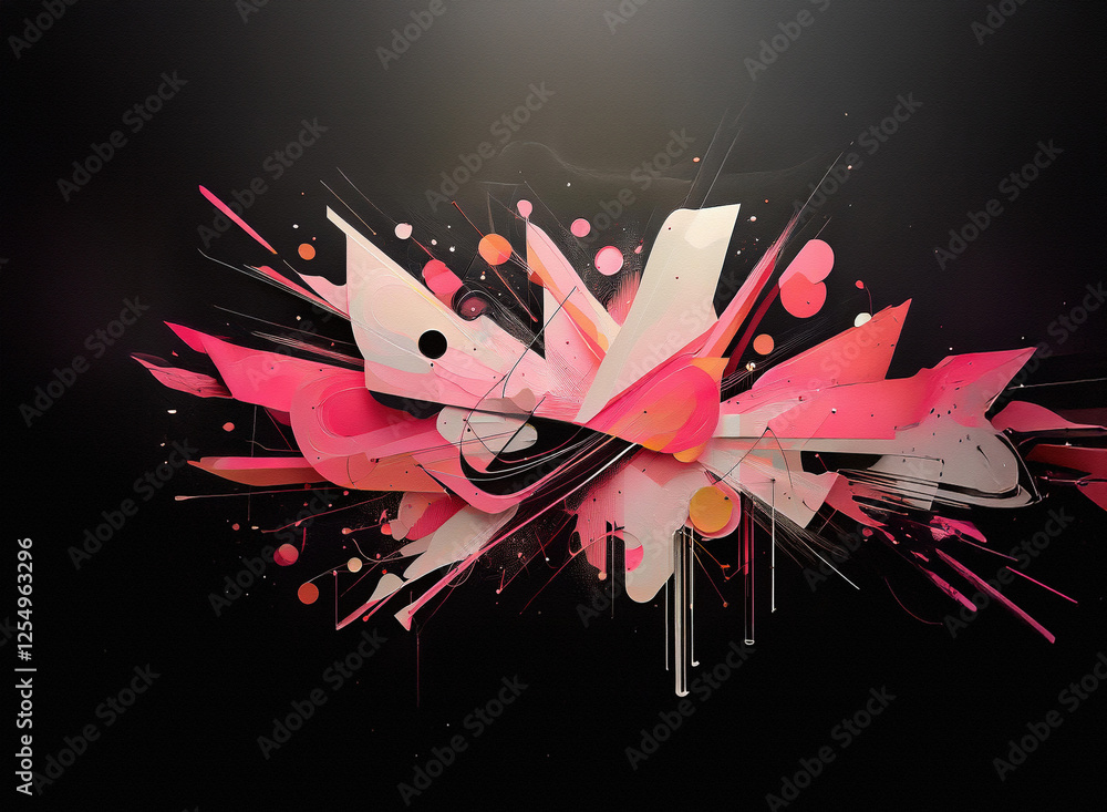 Aufkleber abstract pink, orange and white geometric shapes with splatters on a dark background. dynamic and ab