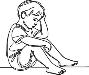 Line Art of Sad Toddler Sitting on the Floor