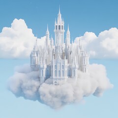 Ethereal Castle in the Sky Dreamlike Architectural Fantasy White Building Amidst Fluffy Clouds