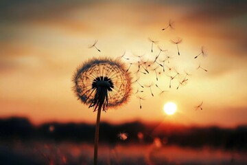 Naklejka premium A dreamy landscape featuring a field of dandelions in bloom.