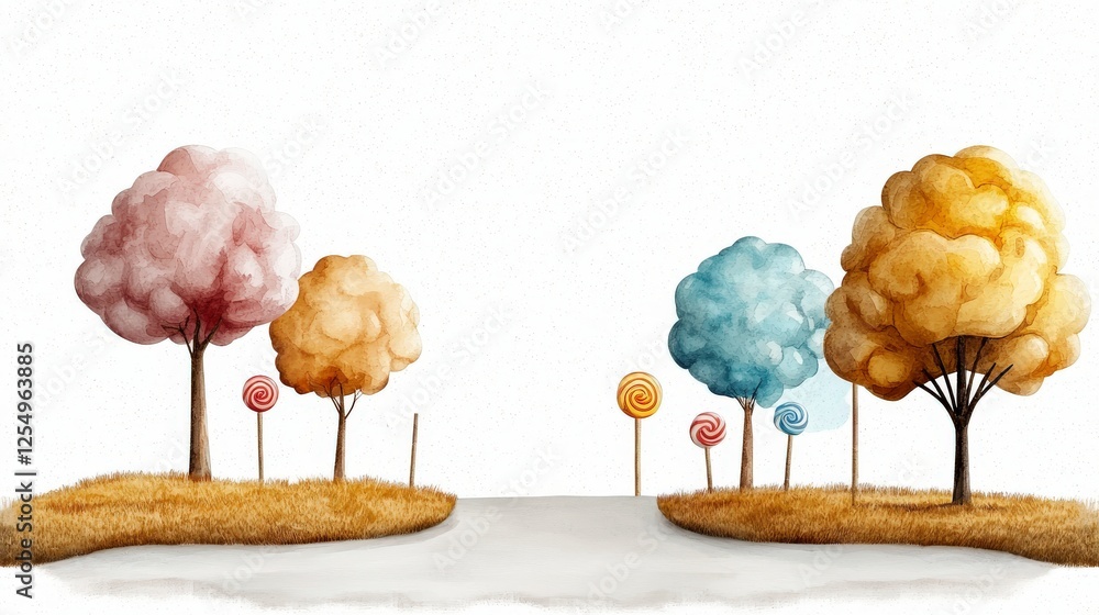 Aufkleber whimsical landscape with colorful trees and lollipops in a dreamy setting on a soft white background