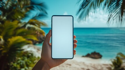 hand shows blank smartphone white screen at sea background, vacation, mock up, mockup, space to advertise travel offers and promotions, booking concept