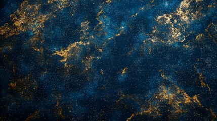 Abstract cosmic nebula with gold and blue swirling clouds and stars.