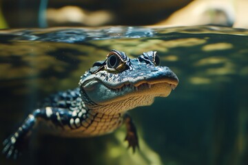 Fototapeta premium Crocodile surfaces in still water with a calm demeanor during twilight hours