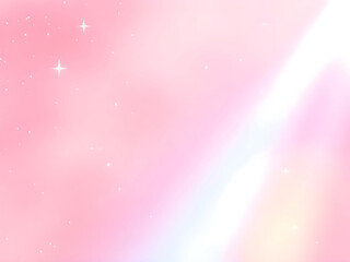 A whimsical pastel rainbow background shines with sparkling stars against a soft, pink fantasy sky. Fairy iridescent gradient backdrop.