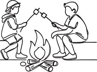 Minimalist Line Drawing of Kids Roasting Marshmallows
