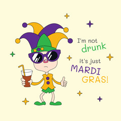 Cartoon jester with Mardi Gras glasses and drink, humorous art. Mardi Gras funny illustration, drunk character in festive hat.
