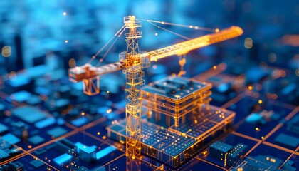 Realistic digital construction site with tower crane and building model for future city design