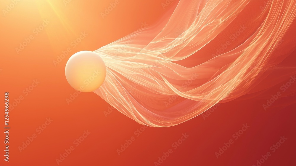 Poster minimalist 3d rendering of a ball flying through ethereal background with flowing light effects