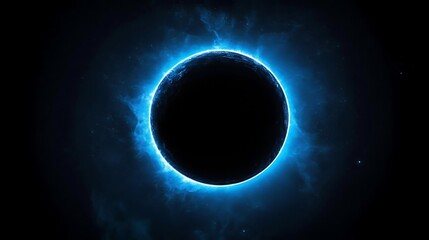 Ethereal Cosmic Eclipse of a Distant Celestial Body Radiating Neon Blue Light in Dark Space Vista
