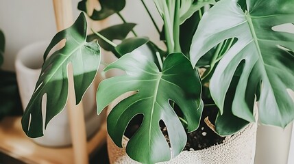 Lush green Monstera deliciosa plant in a woven pot.