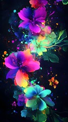 Abstract illustration of neon purple, green, and blue flowers
