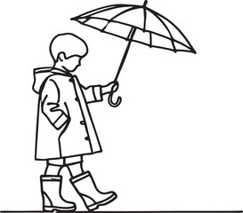 Line Drawing: Boy in Raincoat with Umbrella