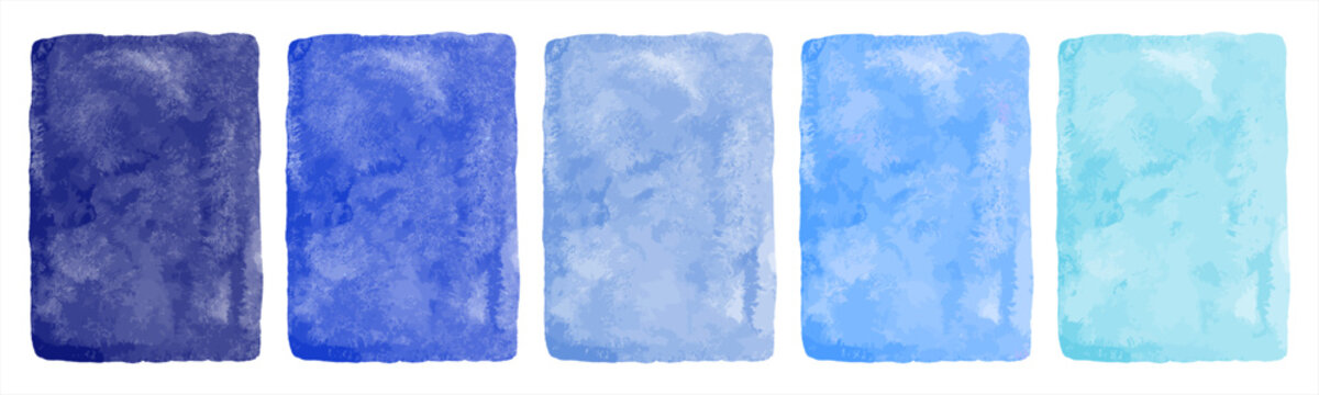 Blue watercolor hand drawn backgrounds vector set, collection. Sky cobalt azure navy blueberry dark light blue. Watercolour texture with aquarelle stains. Painted rectangle water aquatic sea templates