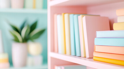 Pastel colored books on a white bookshelf in a cozy home interior with soft focus and plant decor