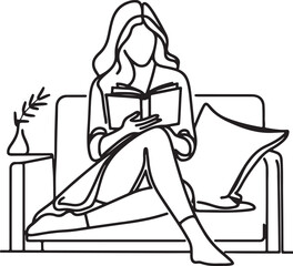 Minimalist Line Drawing of a Woman Reading on a Sofa