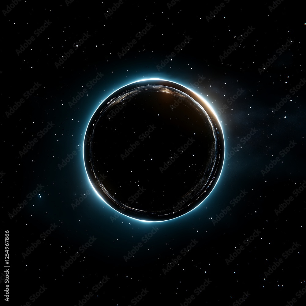 Poster ethereal dark planet in the starry cosmos outer space view with glowing ring and light corona effect