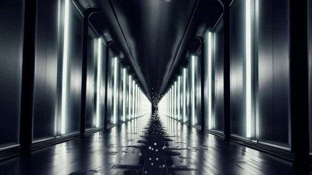 Architectural photography capturing a symmetrical corporate hallway with dramatic lighting, sleek metallic surfaces, and infinite perspective. Shot with wide-angle lens creating strong leading lines. 
