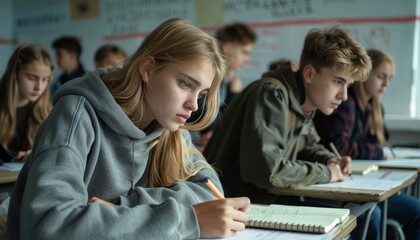 Close up of young students taking notes in a college classroom with a blurred background of peers
