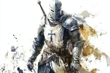 Fototapeta premium Artistic representation of a medieval knight with a stark white background.