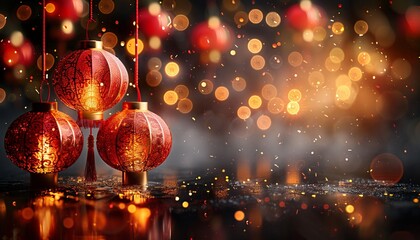 Stunning chinese new year scene with red lanterns and sunlight blur, perfect for text overlay