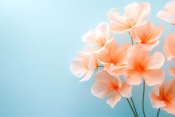 Soft pink flowers on pastel blue background delicate floral arrangement with elegant light atmosphere