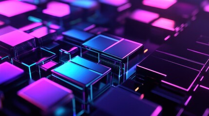 Abstract 3D render of glowing neon purple and blue cubes.