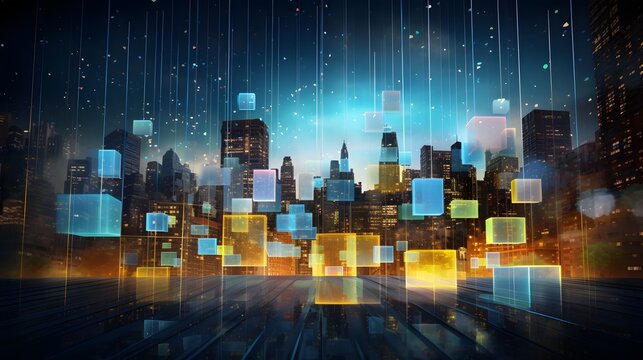 Concept image of advanced AI powered accounting software with futuristic holographic financial data and analytics floating in the air