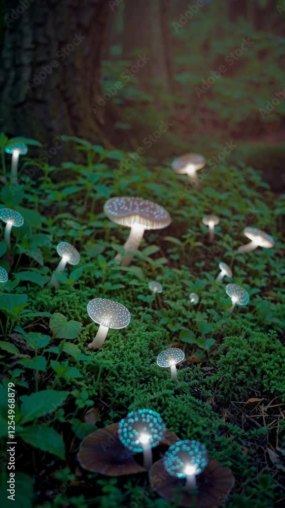 Aufkleber bioluminescent mushrooms pulsating with warm light in a mystical forest, surrounded by gently swayin