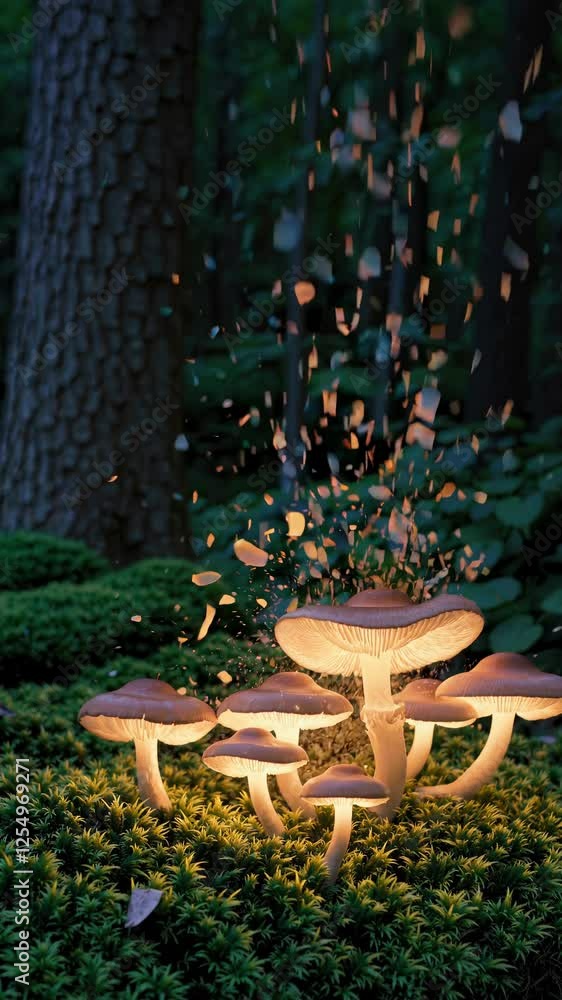 Aufkleber bioluminescent mushrooms pulsating with warm light in a mystical forest, surrounded by gently swayin