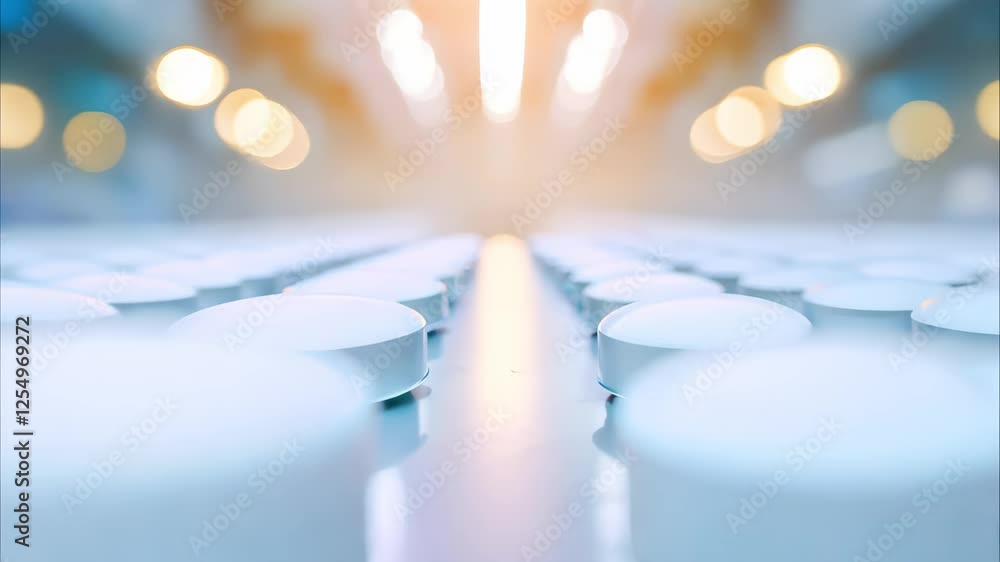 Poster a close-up of a white round tablet surrounded by a blurred background of similar tablets, creating a