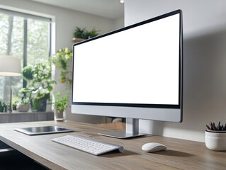 Modern workspace with a computer monitor and plants near a window.