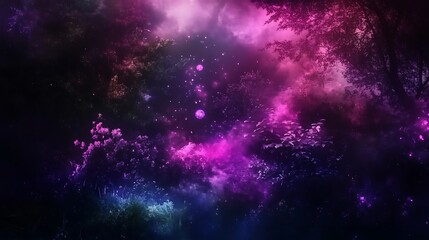 Naklejka premium Ethereal Forest Nightscape with Celestial Clouds and Mystical Lights Nature Fantasy Dreamscape