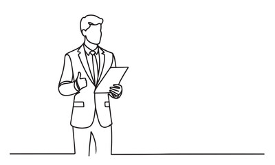 continuous one single line art doodle drawing of businessman holding document illustration