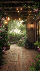 Charming rustic patio with vibrant flowers and warm lighting