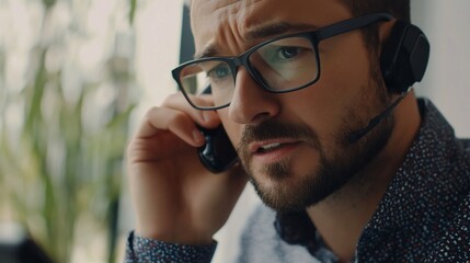 Man with glasses and headset talking on phone with a serious expression