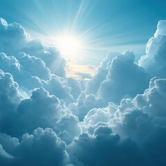 Fototapeta premium Radiant Sun Shining Through Fluffy Clouds in a Serene Blue Sky Dreamy and Peaceful View