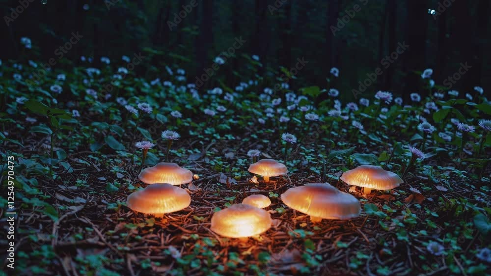 Aufkleber bioluminescent mushrooms pulsating with warm light in a mystical forest, surrounded by gently swayin