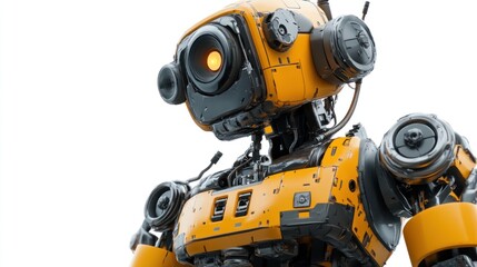 Fototapeta premium Close-up of a cute, yellow, retro-style robot with glowing eyes, isolated on white background.