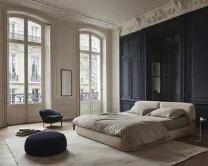 Elegant bedroom with large windows, beige bedding, and dark blue accent wall.