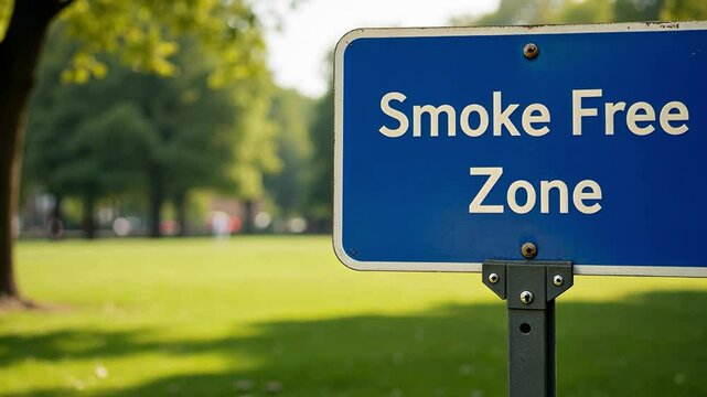 Blue sign in the park "smoke free zone". A place where you cannot smoke