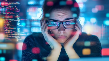 A person sits overwhelmed by numerous pop-up windows, feeling the effects of digital burnout and fatigue, tech overload concept
